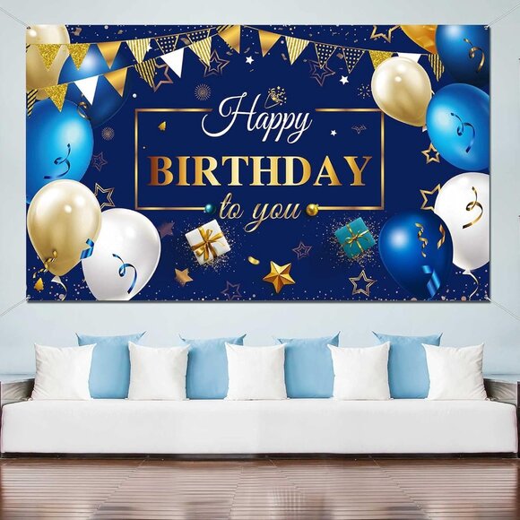 HUGE Happy Birthday Backdrop Banner Sign Navy Blue Gold - Picture 1 of 6